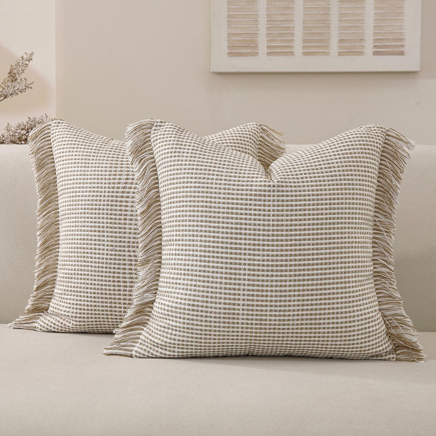 Hahbabya Boho Throw Pillow Covers 18x18 Set of 2 Soft Cotton Striped Fringe Pillow Cover Farmhouse Cushion Covers with Elegant Handmade Tassel Decorative Square Pillowcase for Couch Sofa Bed, Khaki