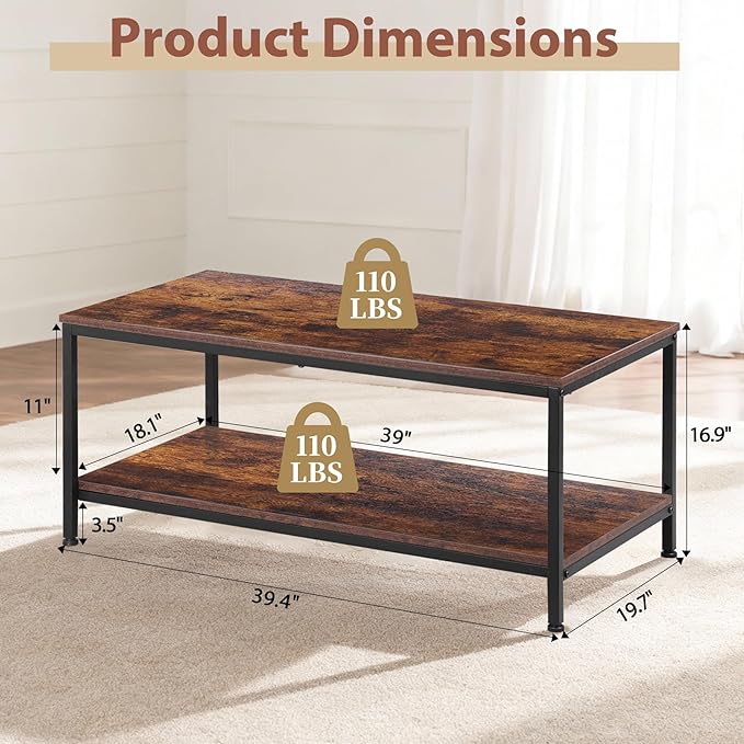 SUPER DEAL 2-Tier Coffee Table with Storage Shelf for Small Apartment Living Room, Rectangle Wood and Stable Metal TV Stand Side End Table, Rustic Brown