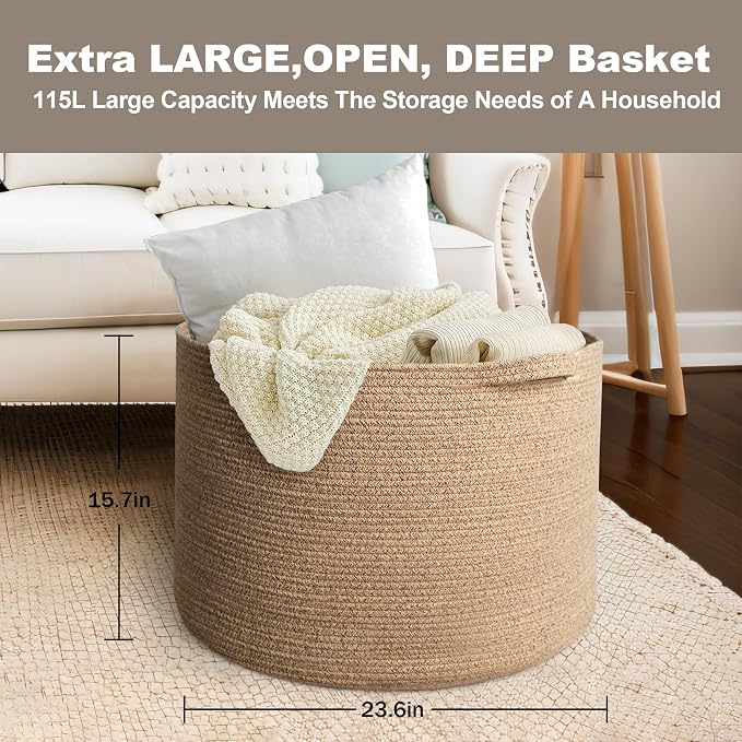 MEGASKET 115L Wicker Storage Basket, 23.6"x15.7" Woven Cotton Rope Basket, Giant Kids Dog Toy Bin Organizer, XXXL Blanket Pillow Holder for Living Room, Brown Variegated Wicker Baskets for Organizing