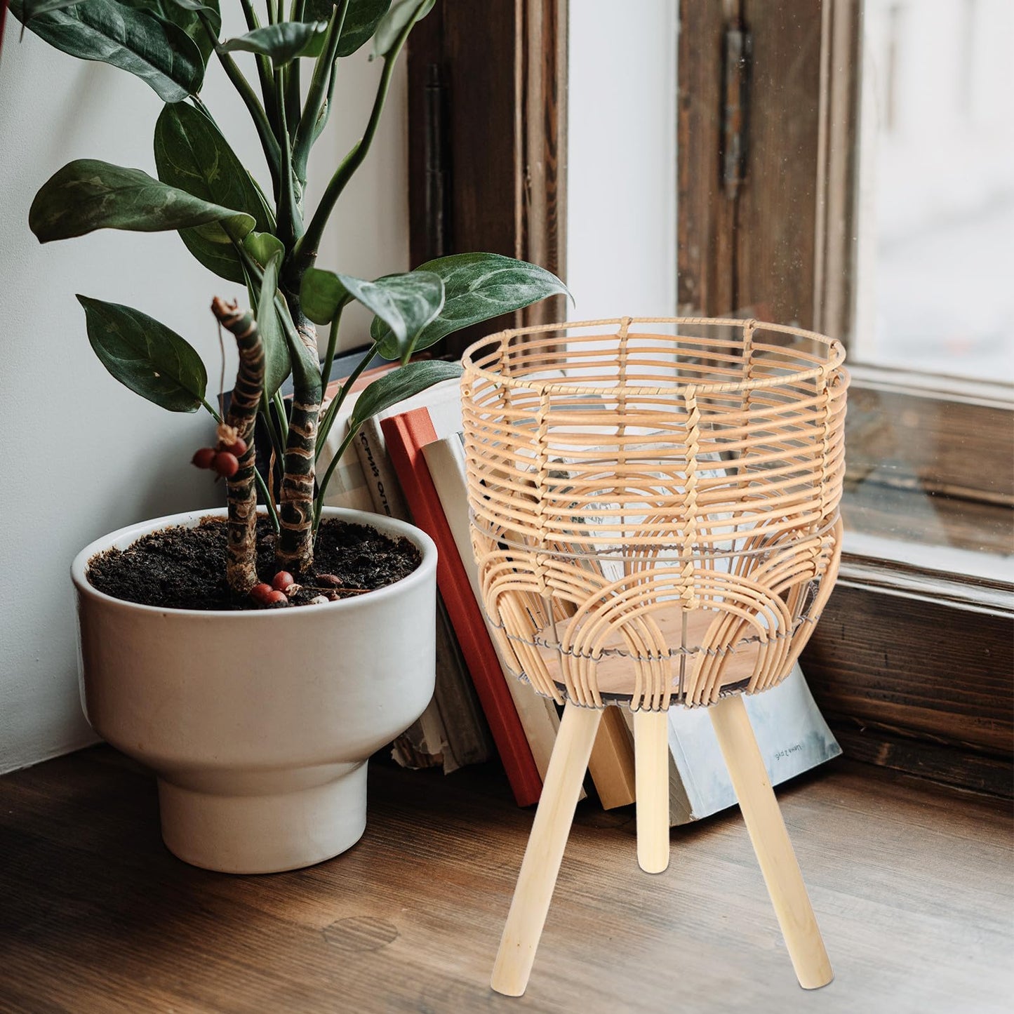 BESTonZON Woven Plant Stand with Flower Basket Indoor Outdoor Plant Pot Rack for Living Room Balcony Medium Size Natural Fiber Holder