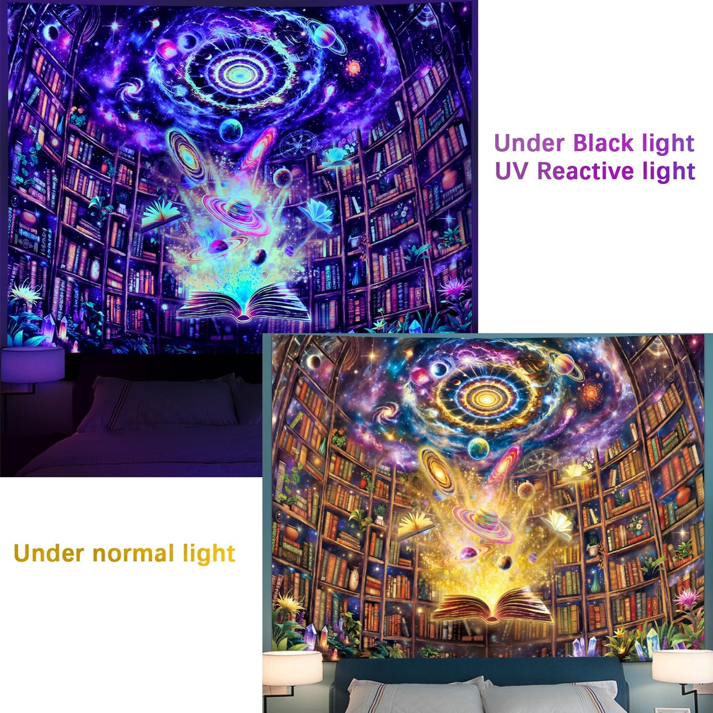 Serborlur Blacklight Bookshelf Tapestry UV Reactive Galaxy Space Library Tapestries Magical Book Planet Bookcase Backdrop Neon Universe Nebula Tapestry Wall Hanging for Bedroom Dorm Classroom