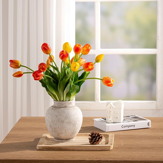 Ceramic Flower Vase, Rustic Farmhouse Decorative Vase Pottery Pampas Grass Vases for Home Decor Table Living Room Entryway Mantel Bookshelf Bedroom Bathroom Kitchen - 6.7" D