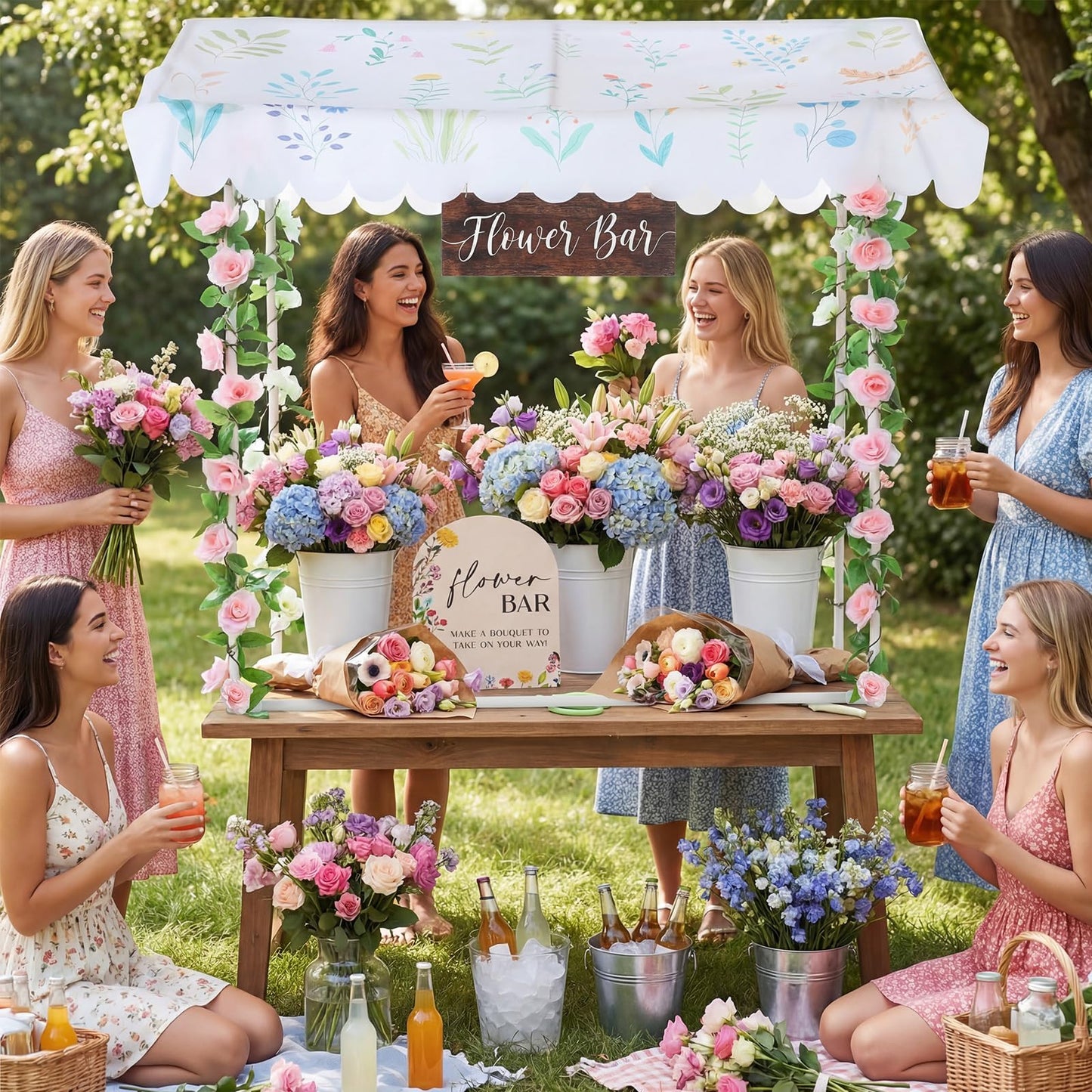 Chunm 7 Pcs Flower Bar Stand Kit Flower Display Bloom Bar with 1 Set Plastic Stand 1 Floral Sunshade Cloth 4 Rose Tinsel 1 Wood Sign for Wedding Shop Floral Party Supplies Garden