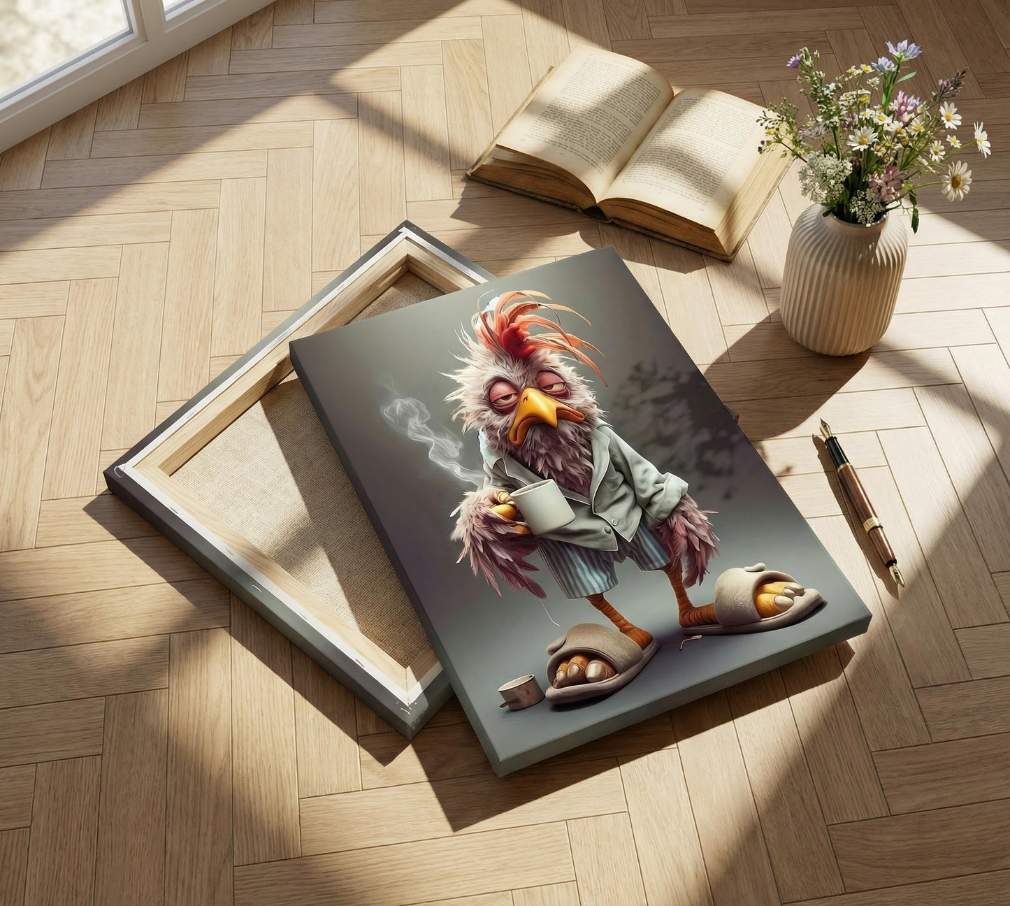 Funny Chicken Canvas Wall Art Stylish and Charming Retro Chicken Wear Slippers Wall Decor Picture Eclectic Animals Poster Print for Dining Room Bar Cafes Family Artwork Home Decoration