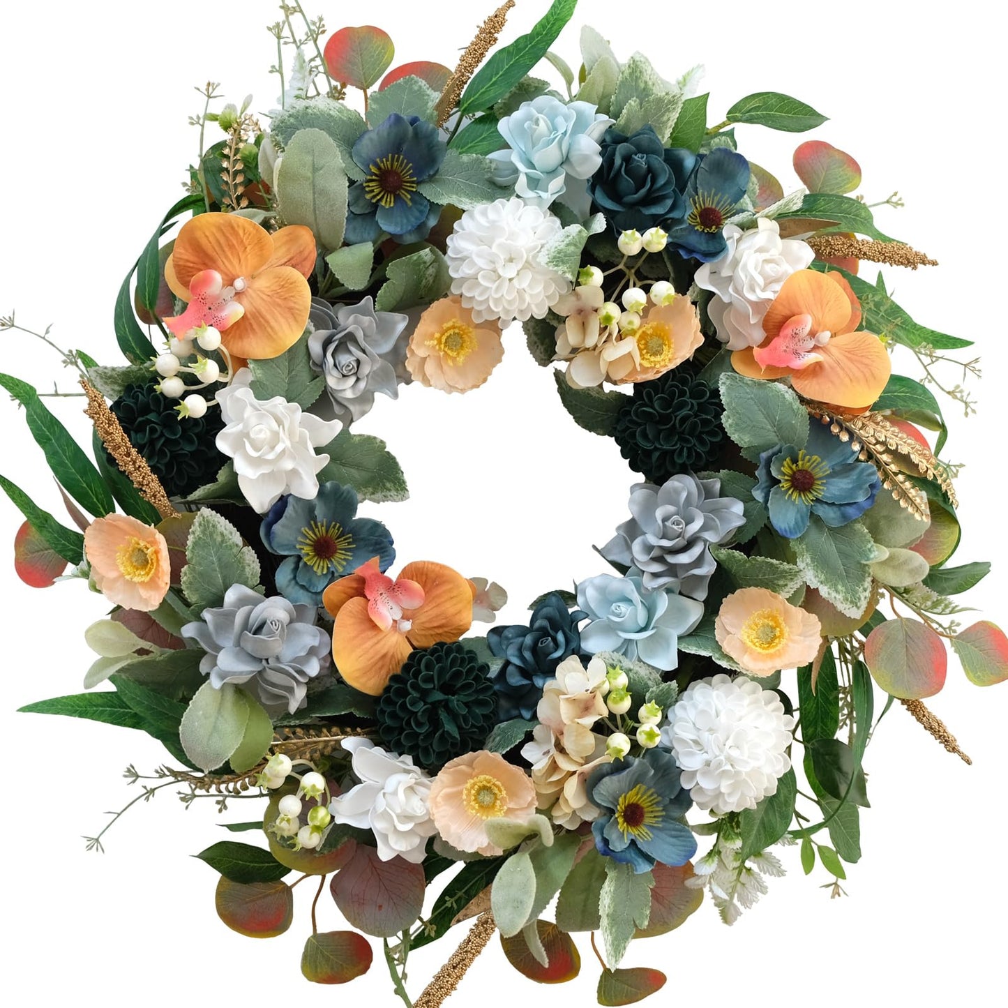 Bibelot 22 Inch Spring/Summer Floral Wreaths for Front Door,Artificial Valentines Day Wreath with Roses Dahlias Gardenias phalaenopsis for Home Wall Window Wedding Party Festival Decor
