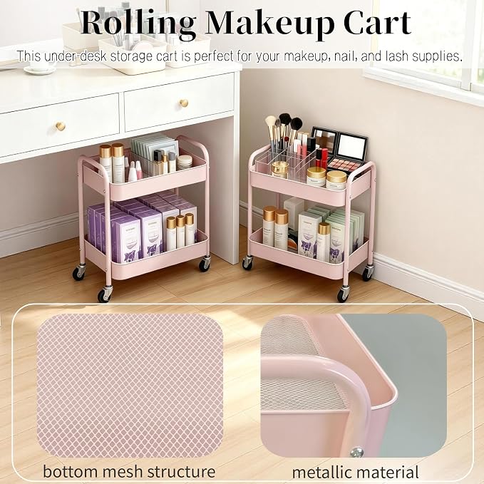 2 Tier Pink Rolling Cart with Wheels for Under Desk Storage, Large Capacity Rolling Pantry & Kitchen Storage Cart for Small Space, Sturdy Metal Bathroom Shelf Laundry Room Organization