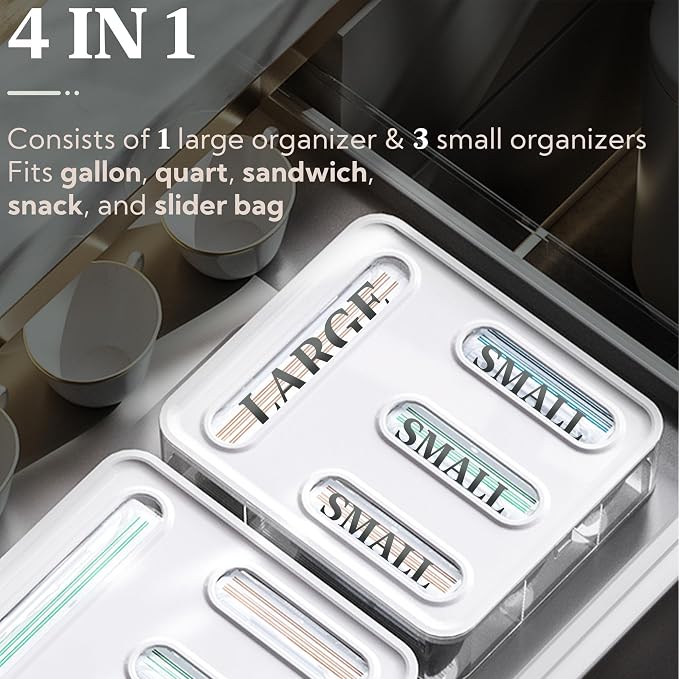 Kitchen Storage Bag Organizer, Acrylic Baggie organizer for Drawer, Plastic Bag Organizer complicate with Gallon, Quart, Sandwich, Snack, and Slider Bags (Acrylic)