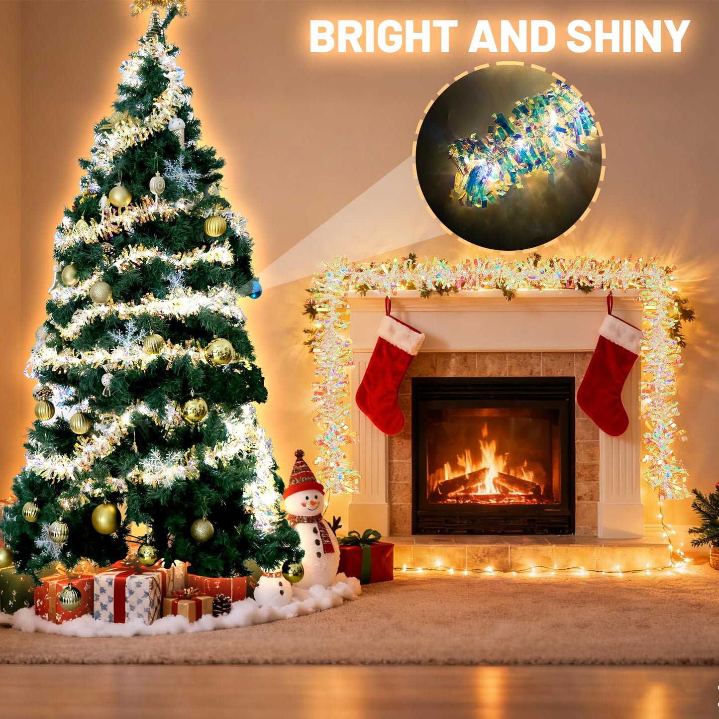 LAWOHO 16.5FT/5M Christmas Tinsel Garland with Lights, Shiny Iridescent Foil Garland for Valentines Day, Christmas Tree, Wedding Birthday Party, New Year Holiday, Indoor Outdoor Hanging Home Decor