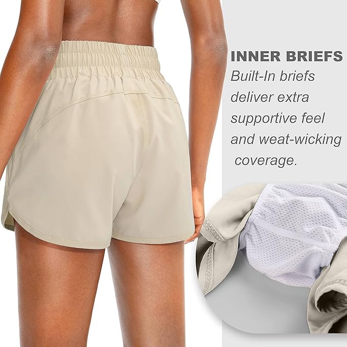 SANTINY Women's Running Shorts with Zip Pockets High Waisted Athletic Workout Gym Shorts for Women with Liner