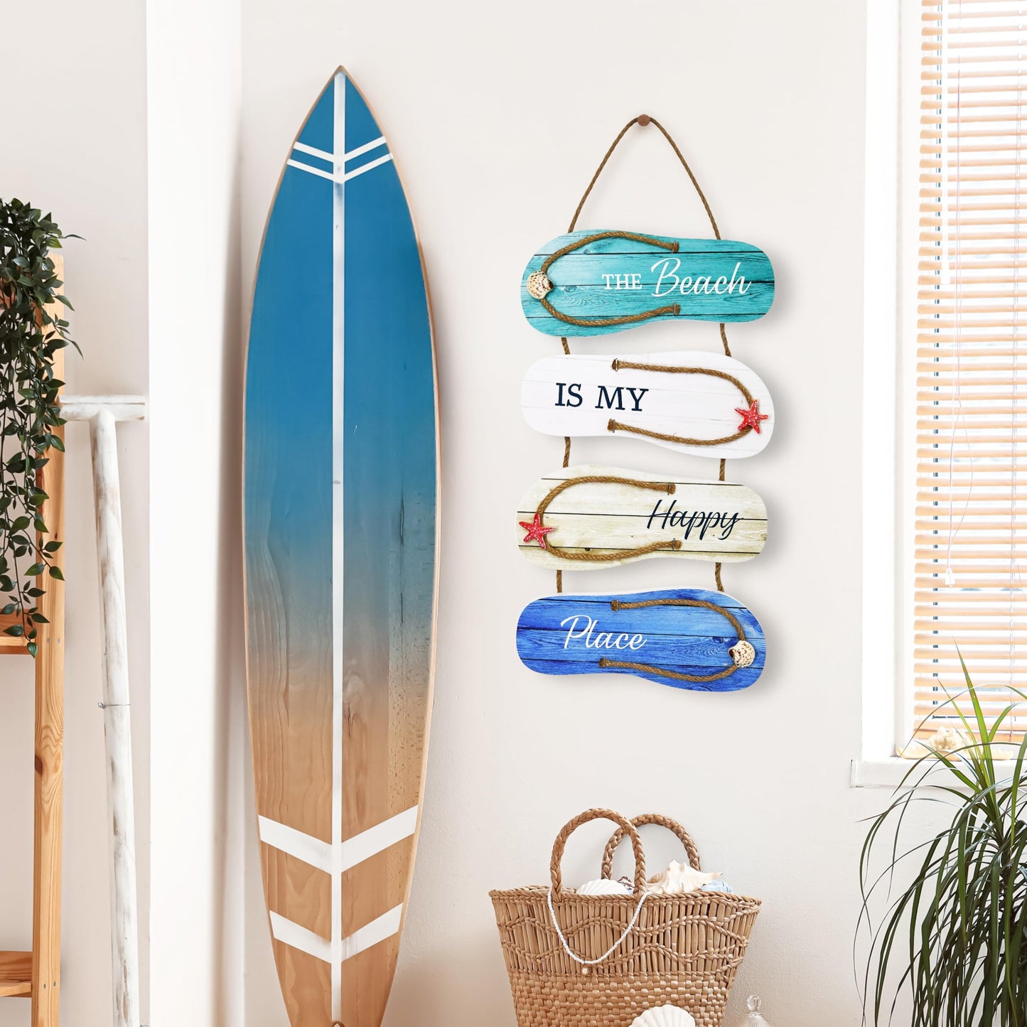 Wooden Flip Flop Beach Decor Sign Nautical Coastal Wood Wall Decor with Rope Hanger Summer Indoor and Outdoor Wall Accent for Bathroom, Bedroom & Living Room