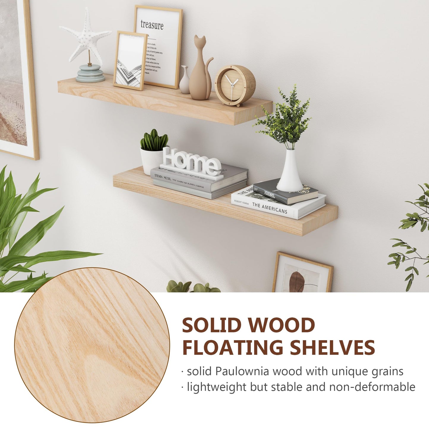 fuqing 30 Inch Floating Shelves | Natural Wood Wall Shelves Set of 2 | 30" W x 6.7" D Natural Wooden Floating Shelves for Living Room Bedroom Home Office