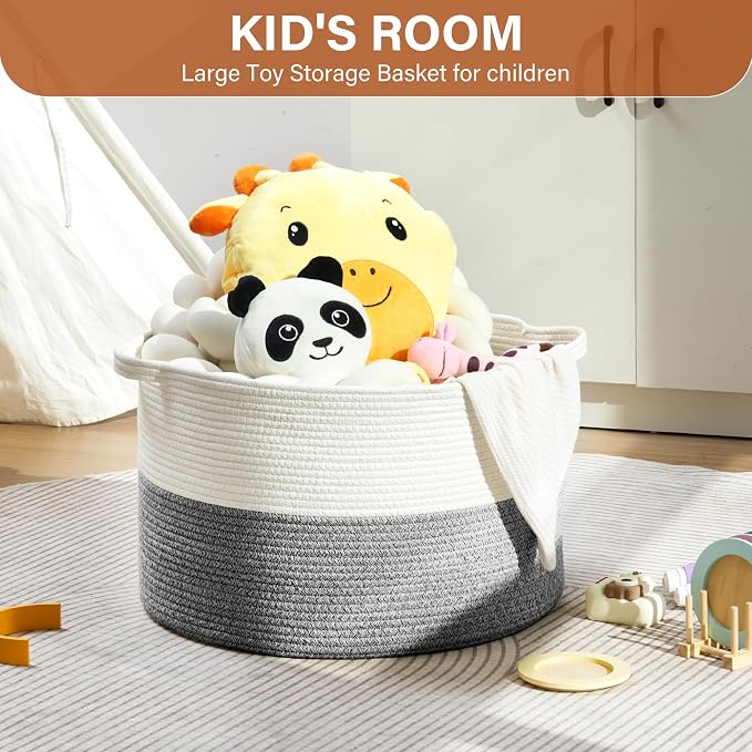 Foldable Laundry Hamper Basket with Collapsible Handle Cotton Rope Soft Woven Fabric Storage Organizer Clothes Toys Nursery Bedroom Dorm Space Saving Bin (White & Light Grey, 115L(23.6"D x 15.7"H))