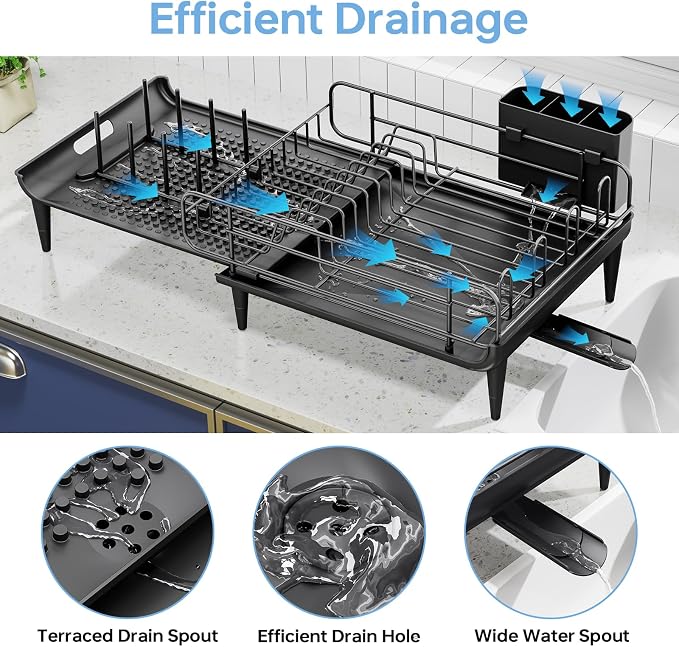 TOOLF Large Dish Drying Rack, Expandable Dish Rack for Kitchen Counter, Multifunctional Dish Drainer, Organization and Storage Essentials with Cup & Cutlery Holders, 16.7"-26.8" L x 12.6" W, Black