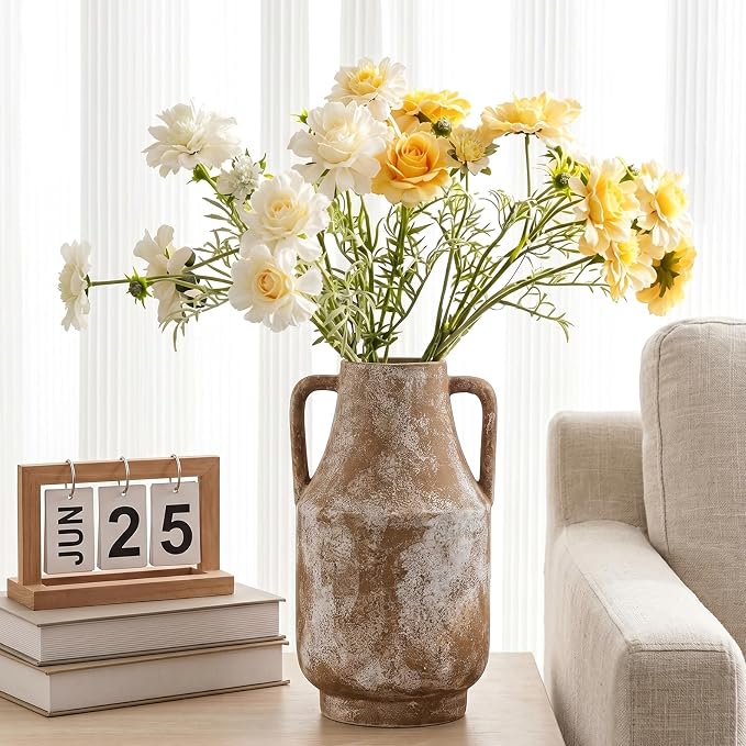 Ceramic Flower Vase, 10.7in Farmhouse Table Rustic Vases, Small Flower Terracotta Vases for Home Decor, Living Room,Table, Handcrafted (Terracotta)