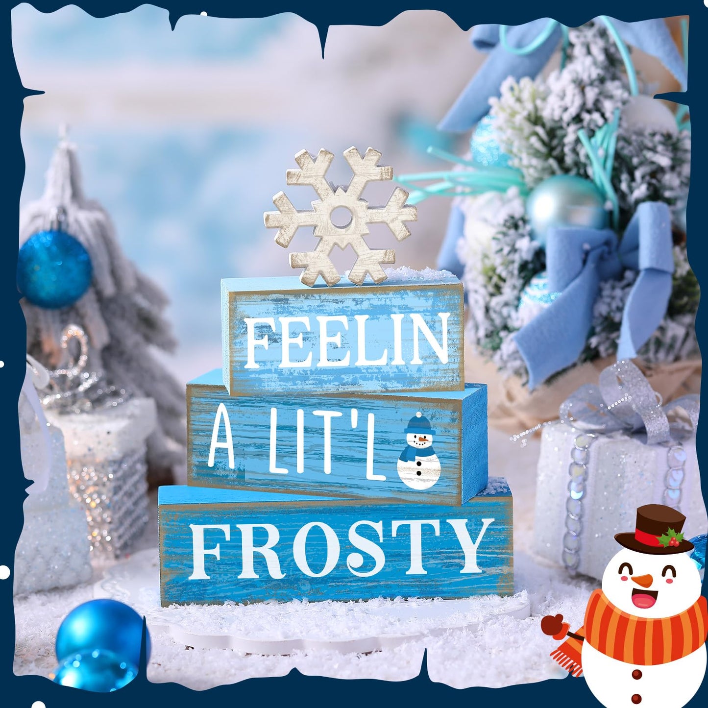 Yuntau 4 Pcs Winter Wooden Tabletop Decor Christmas Snowflake Tiered Tray Decor Rustic Wood Block Sign Gift Winter Centerpiece for Shelf Office Farmhouse Table Frozen Birthday Party Decoration