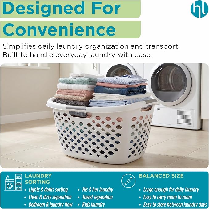 Home Logic 1.75 Bushel Plastic Laundry Basket with Hip Grip, Large Laundry Hamper with Handles, Ventilated Clothes Organizer for Bedroom Bathroom Closet, 2 Pack, White