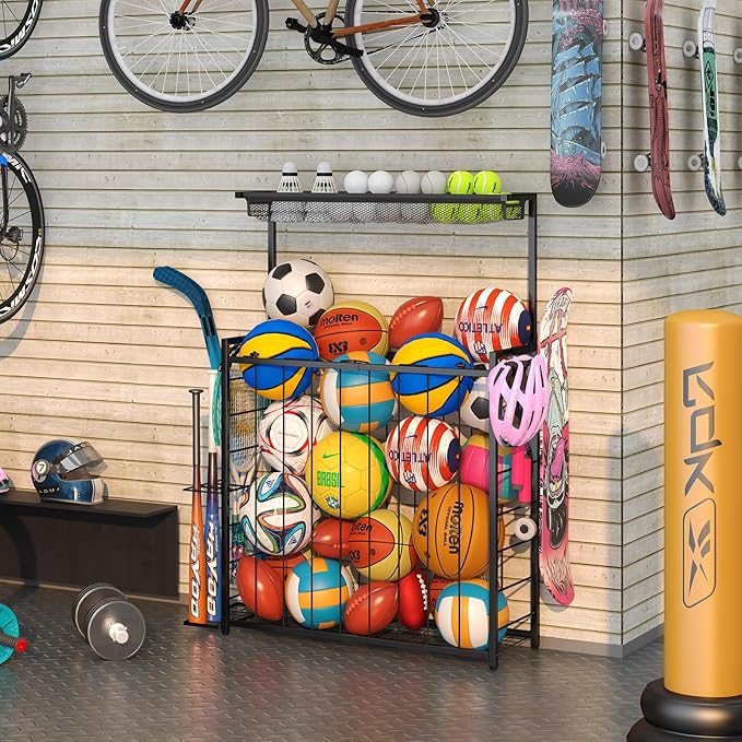 Large Sports Equipment Organizer, Garage Storage Ball Rack with Elastic Straps and 3 Hooks, Outdoor Toy Organizer Stand, Garage Organization Storage Rack for Basketball, Football, Soccer, Volleyball