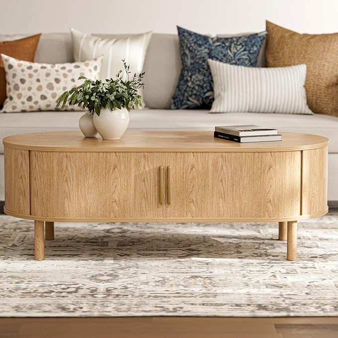 ZttRiee Coffee Table for Living Room, Modern Oval Coffee Table with Cabinets & Sliding Doors, Home Small Space, 47.2" Fluted Center Table, Natual