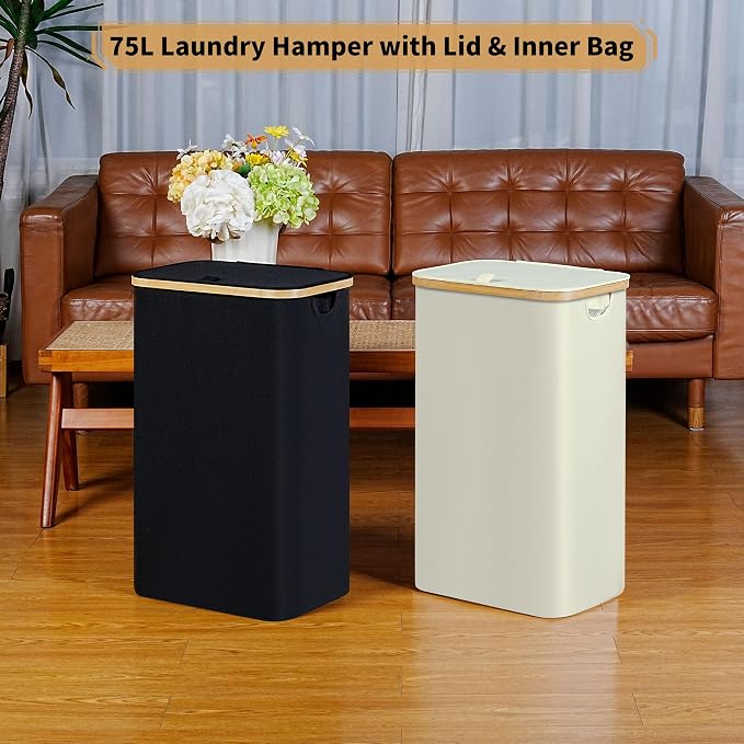 iEGrow 75L Slim Laundry Hamper, Narrow Laundry Basket with Lid,Foldable Clothes Hamper with Bamboo Handles,Hamper Basket with Removable Inner Bag for Laundry Room Bedroom College Dorm,19.8 Gals Black