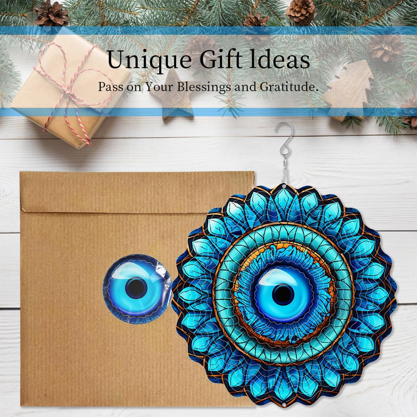 SAC SMARTEN ARTS 3D Wind Spinner Mandala 10 Inch Evil Eye Stainless Steel Wind Sculpture Blue Hanging Ornament Laser Cut Metal Art for Indoor Outdoor Garden Decoration Protective Amulet for Home Yard