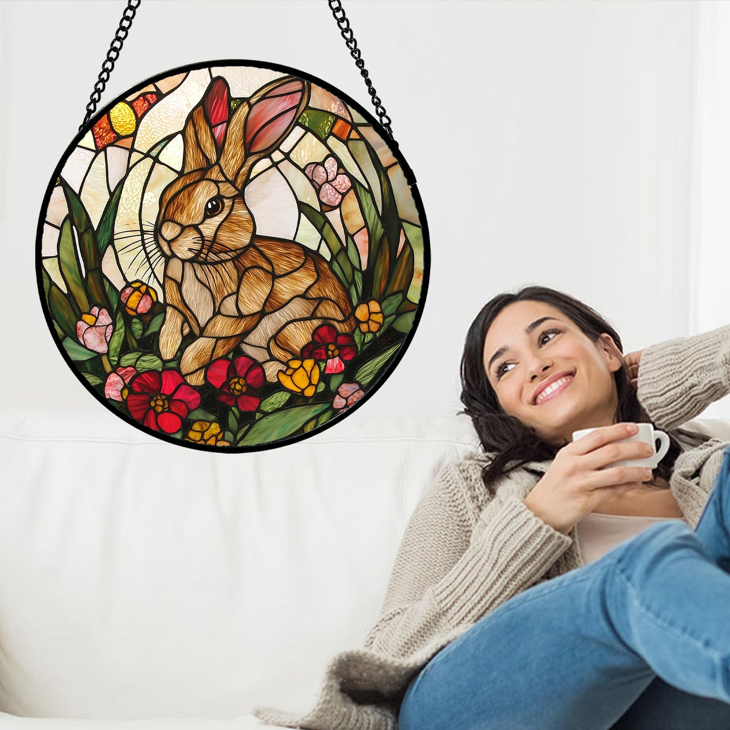 AMDERVEN Stained Glass Window Hanging, Cute Bunny Flowers Sun Catcher for Window Door Home Decor, Rabbit Suncatcher Christmas Mother's Day Birthday Gifts for Women Men Mom and Nana 6.3 in
