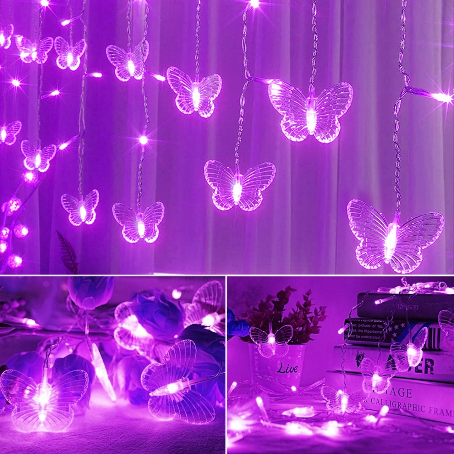 Purple Butterfly Curtain Fairy Lights USB Plug in,120 LED 8 Modes 20FT Firefly Twinkle Icicle String Lights with Remote Timer Waterproof for Halloween Bedroom Christmas Wedding Party Dorm