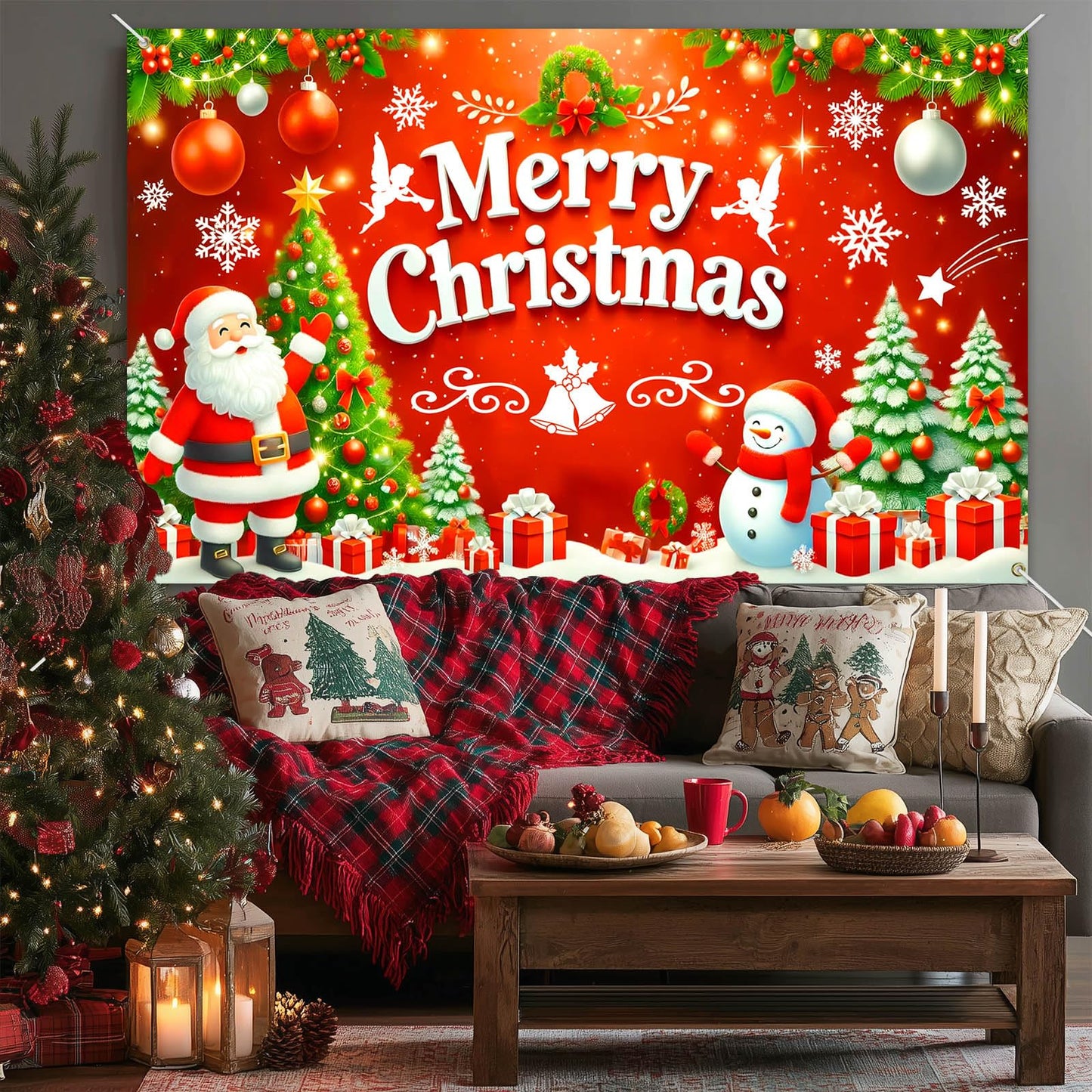 BlissYard Merry Christmas Banner 71x43 Inch Santa Claus Snowman Christmas Tree Gift Box Red Backdrop for Indoor Outdoor Xmas Party Wall Decor Holiday Celebration Decorations