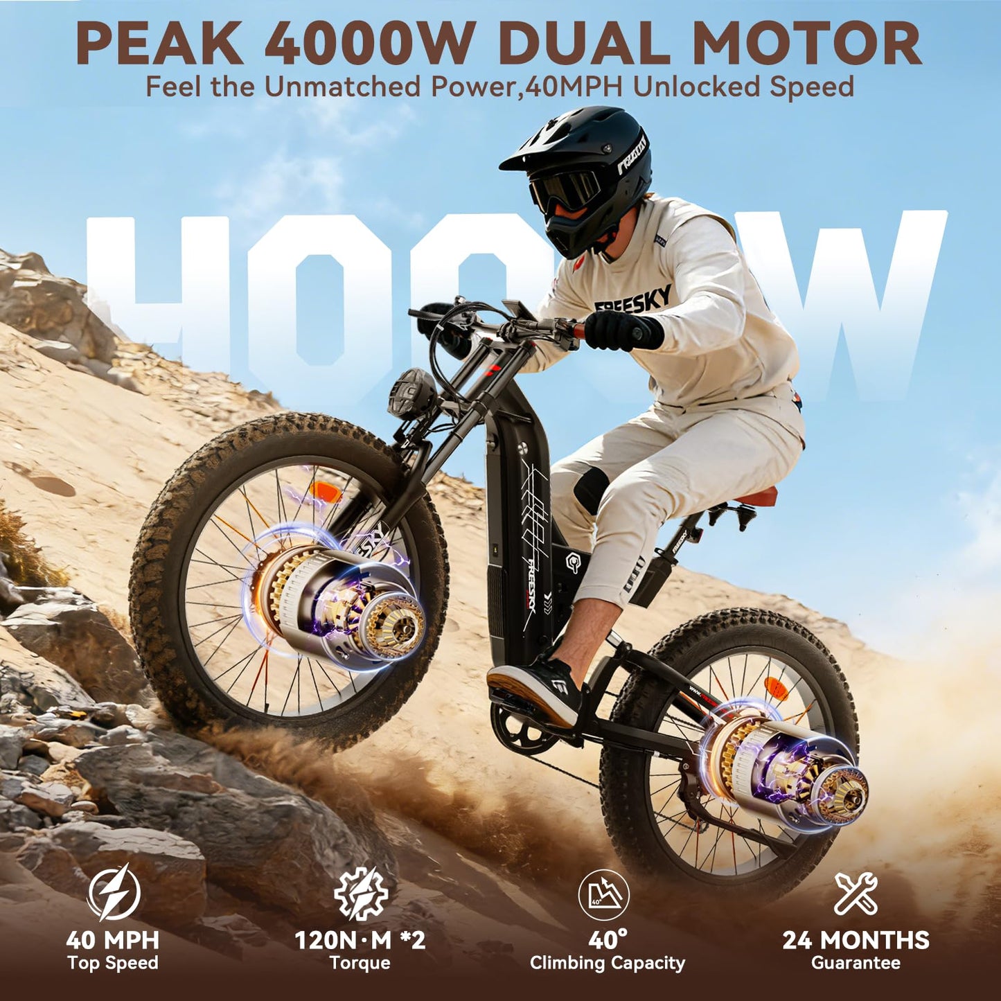 FREESKY 4000W Dual Motor Electric Bike for Adults, 40+MPH AWD Fast E-Bike, 48V 30AH Battery 120Miles Range, 26" Fat Tire Full Suspension Off-Road Mountain E Bike, Green Warrior