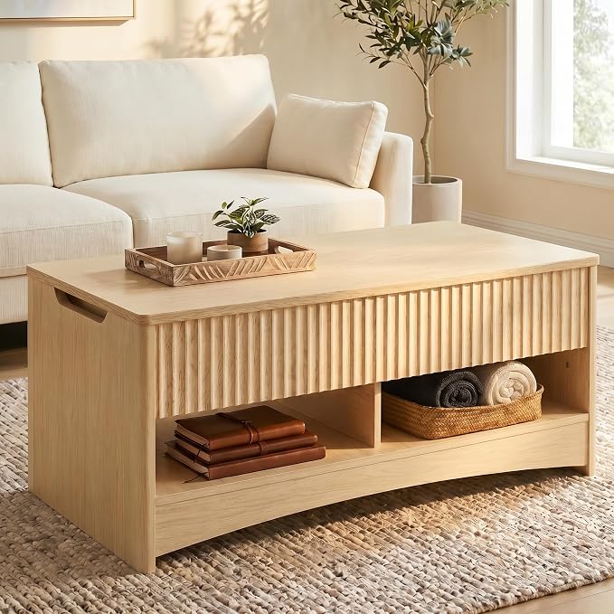 Marsail Lift-Top Coffee Table, Fluted Center Table with Hidden Compartments, Smooth Lifting & Space-Saving Design, Versatile Wood Coffee Table for Living Room and Office, Oak