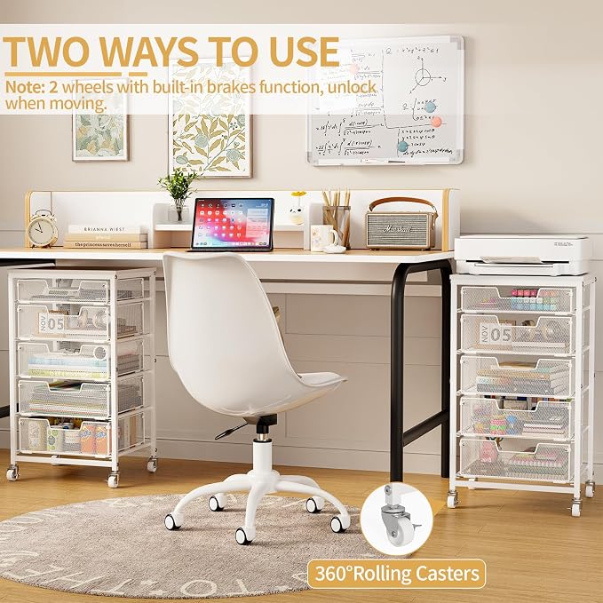 Sbanmao Utility Cart with 5 Drawers, Rolling Storage Cart with Wooden Tabletop and Lockable Wheels, Storage Drawer Cart with Drawers, Craft Cart for Bedroom, Classroom, Home, Office, White