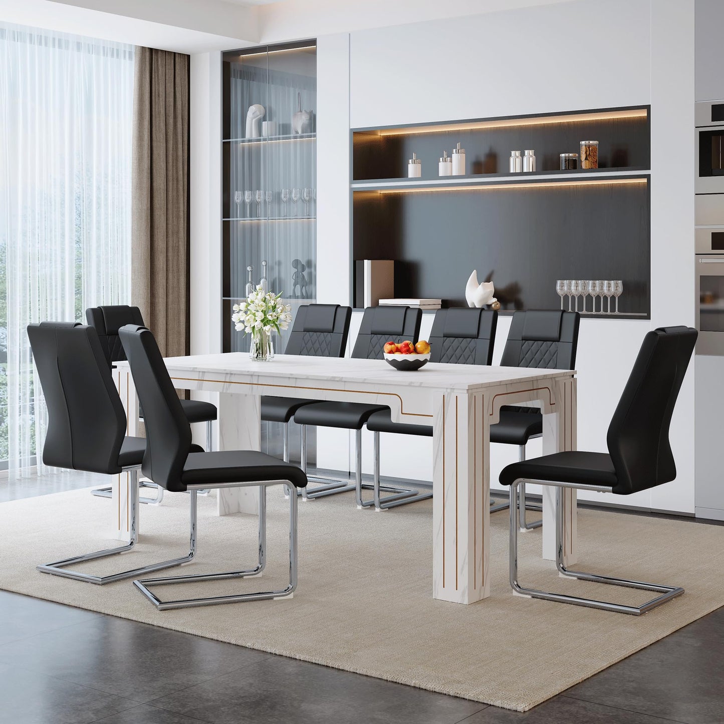 KEIKI 9-Piece Dining Table Set for 8, 71" White Faux Marble Kitchen Table with 8 Black PU Leather Chairs, Modern Dining Room Set with Silver Metal Legs, Large Rectangular Table for Home, Restaurant