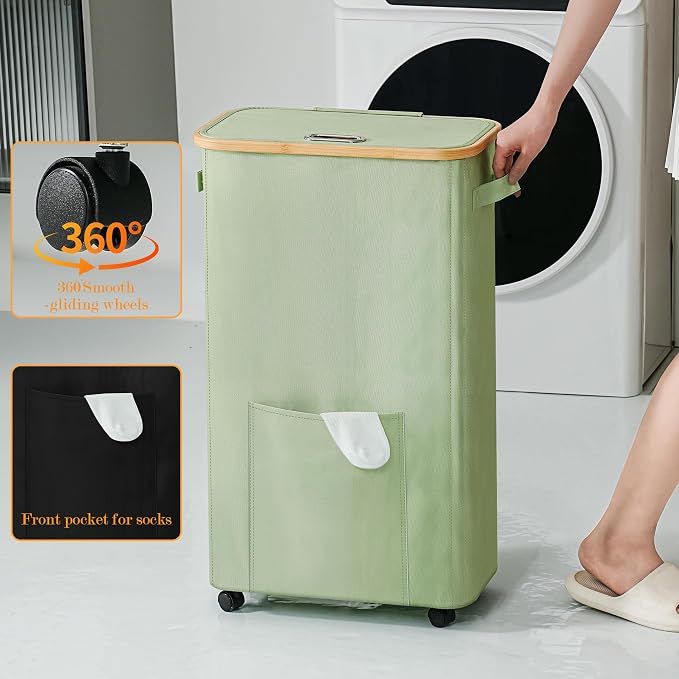 Vincona Laundry Basket with Wheels, Dirty Clothes Hamper on Wheels, Rolling Tall Laundry Hamper with lid for Laundry Room, Dorm and Bathroom, 75L Sage Green