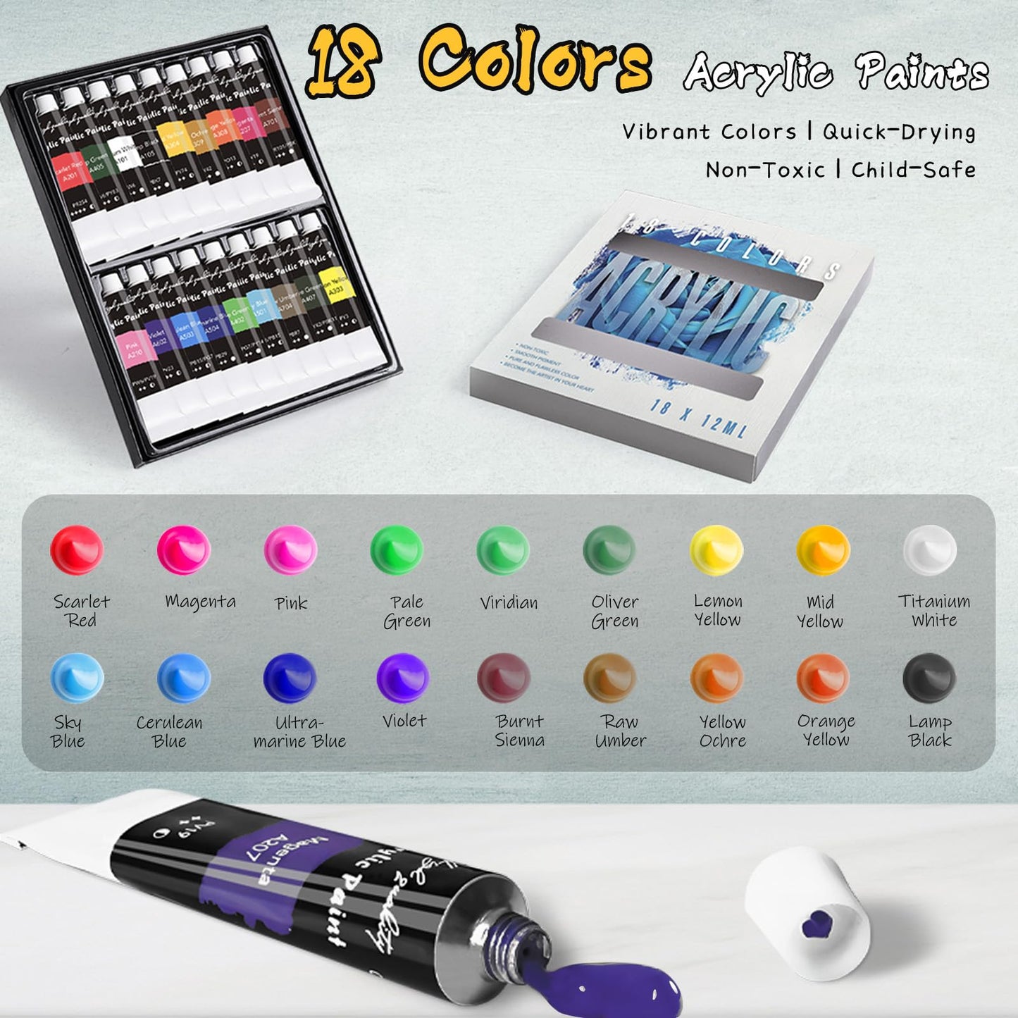 Whalsure Paint Set, Acrylic Paint Set for Kids & Adults - Painting Supplies with 18 Acrylic Paints, 8 Painting Brushes, 5 Canvas Panels, etc