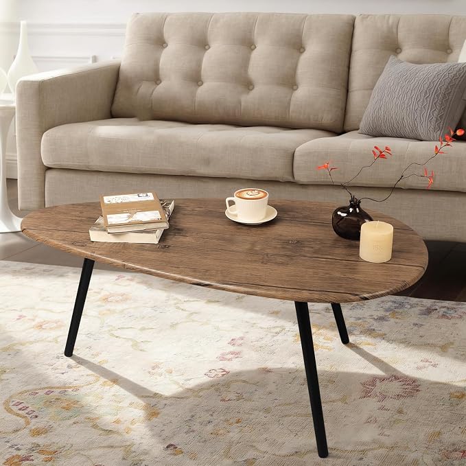 Coffee Table Modern Oval Coffee Tables Retro Center Table for Small Space Mid Century Rustic Accent Table for Living Room Home Office, Easy Assembly 22" D x 43" W x 18" H