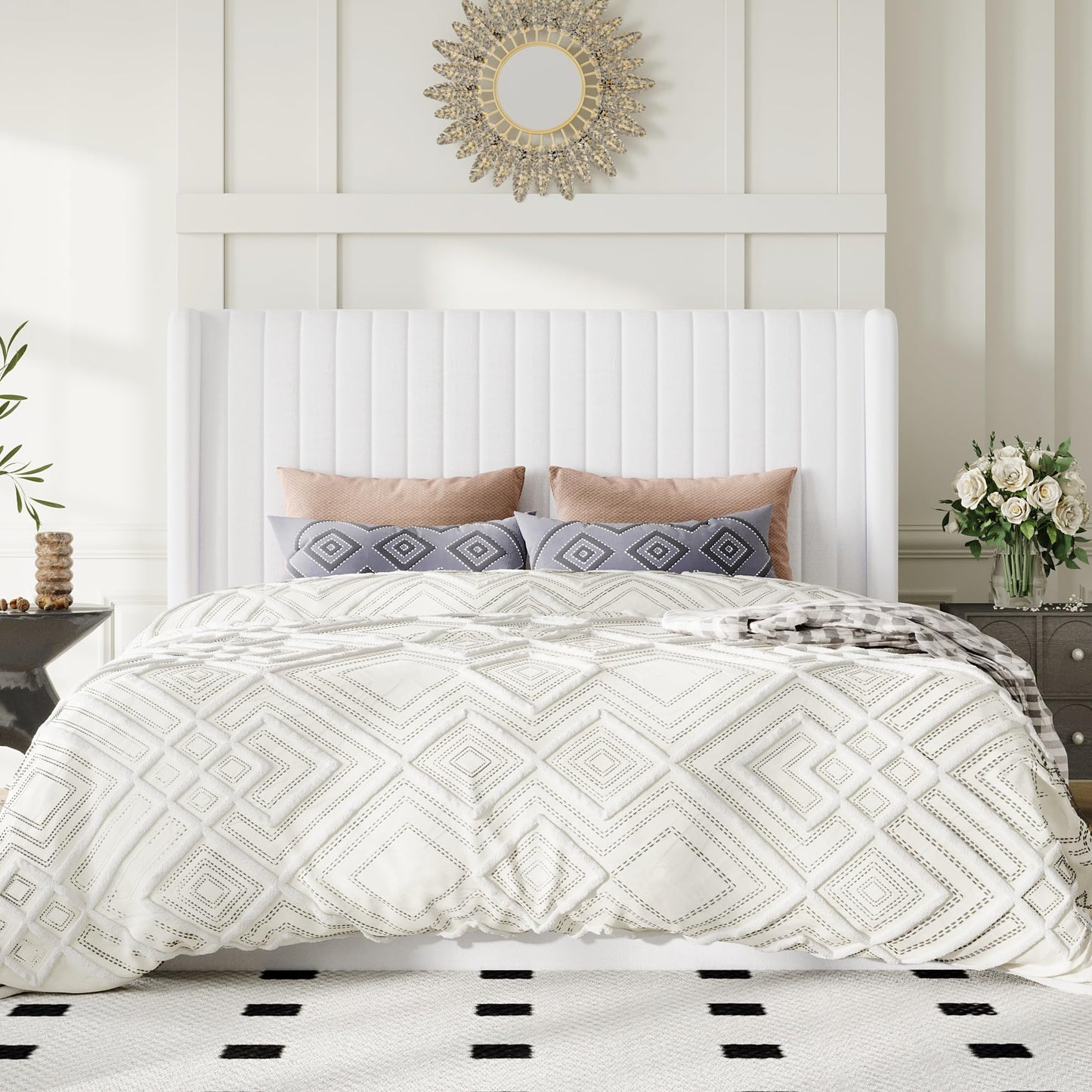 Allewie Queen Size Lift Up Storage Bed Frame, Hydraulic Support System, Upholstered Platform Bed Frame, Underneath Storage, Vertical Channel Tufted Headboard with Wingback, No Box Spring Needed, White