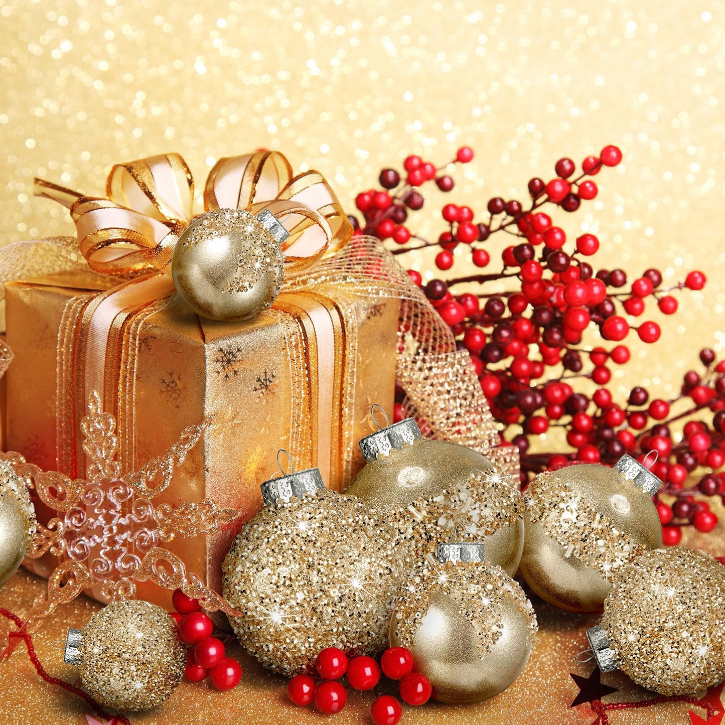 Civaner 24 Pcs Glitter Christmas Ball Ornaments Set 3.2'' 2.4'' 1.6'' Christmas Tree Ornaments Hanging Sequin Shatterproof Balls for Xmas Tree Wreath Garland Xmas Home Decor(Champagne Gold)