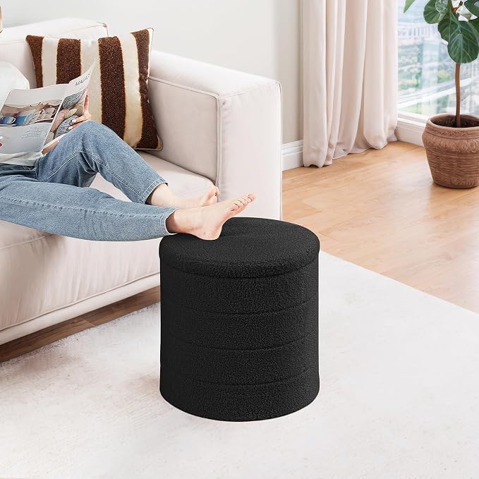 PINPLUS Round Storage Ottoman Foot Rest Stool with Tray Velvet Sherpa Folding Storage Ottoman,Boucle Foot Rest for Living Room, Bedroom, Dorm,Black Color