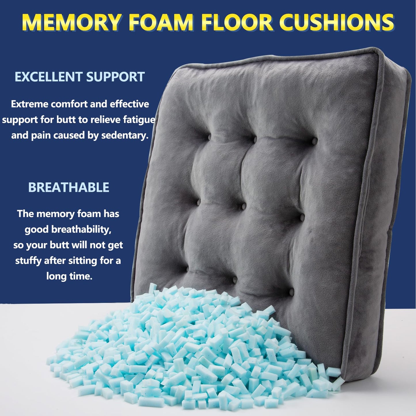 1 MIDDLE ONE Floor Pillow Set of 2, Memory Foam Meditation Cushion, Floor Cushions for Adults Sitting, Large Square Seat Cushions for Yoga, Living Room, 20x20 Inch (Grey)