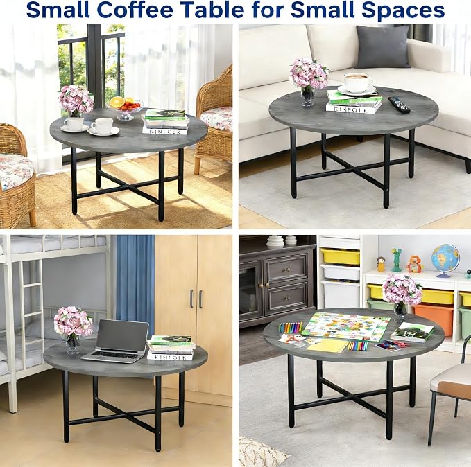 FAMIDGE Round Coffee Table, 23.6" Small Coffee Tables for Living Room, Circle Coffee Table with Metal Frame, Floor Table Desk for Sitting on The Floor, Home, Office, Grey