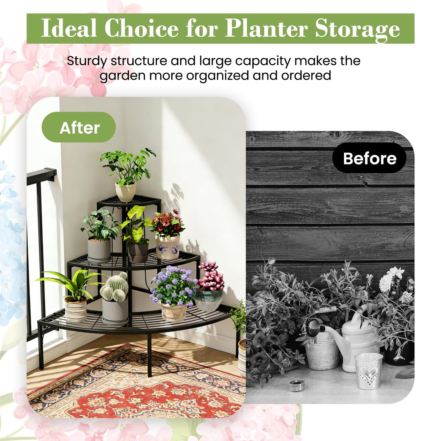 SIMHOMSTOR Plant Pot Stand Shelf, 3 Tier Flower Quarter Display Rack, Metal Succulent Plants Storage Holder for Outdoor and Indoor, Black