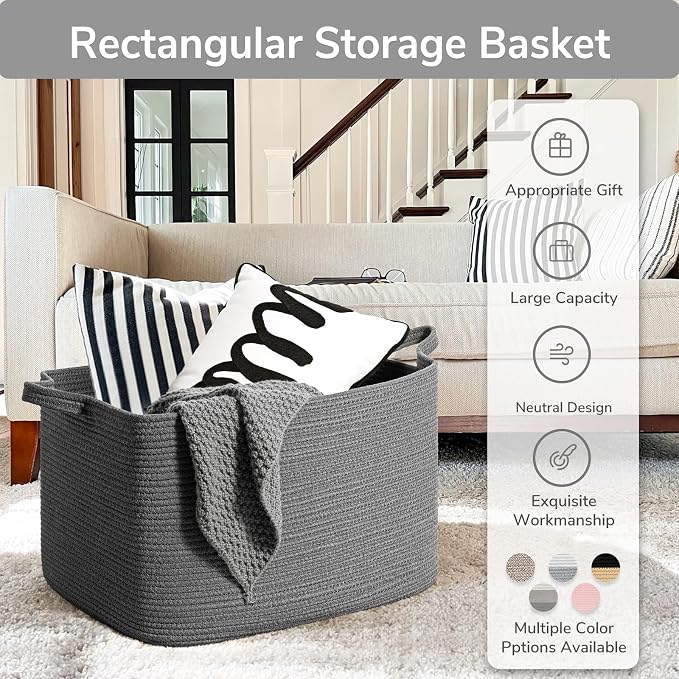 Goodpick Storage Basket, Rectangle Dirty Clothes Baskets for Laundry, Woven Basket for Living Room, Extra Large Cotton Rope Baskets for Toys, Blankets, 23.6" x 15.7" x 13.8", Dark Gray