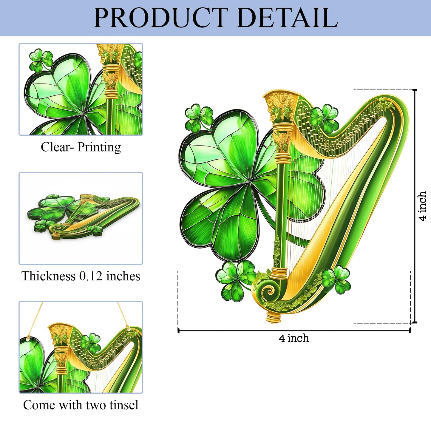 Irish Harp and Shamrock 2D Flat Acrylic Hanging Ornament, Green Gold Celtic Music Inspired Window or Wall Decor, Lucky Clover Holiday Decoration for Home Seasonal Display Gift Idea