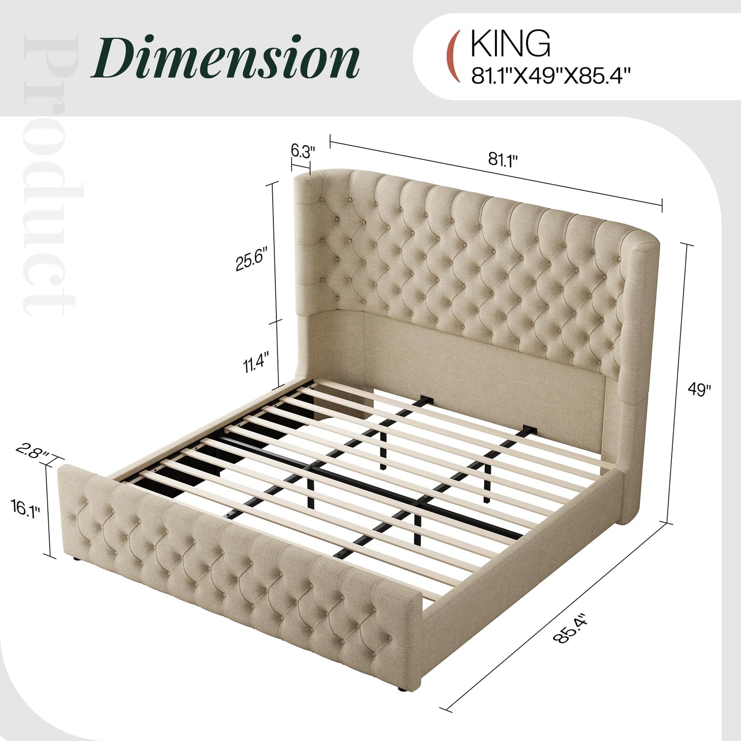 Jocisland King Size Platform Bed Frame, 6.3” Thick Upholstered Curved Wingback Headboard and Footboard with Deep Button Tufted, Easy Assembly, No Box Spring Needed, Khaki Linen