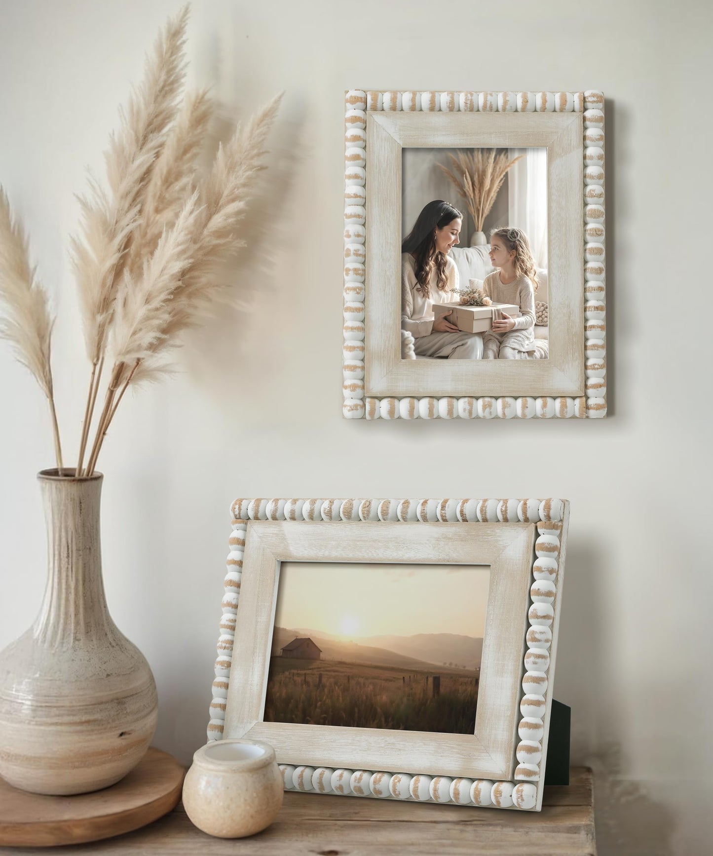 Afuly 5x7 Farmhouse Picture Frame Boho White Beads Photo Frame Wooden Distressed Wall Hanging Desk Standing Decor Artwork Personalized Birthday Gifts for Family, Couple, Friends