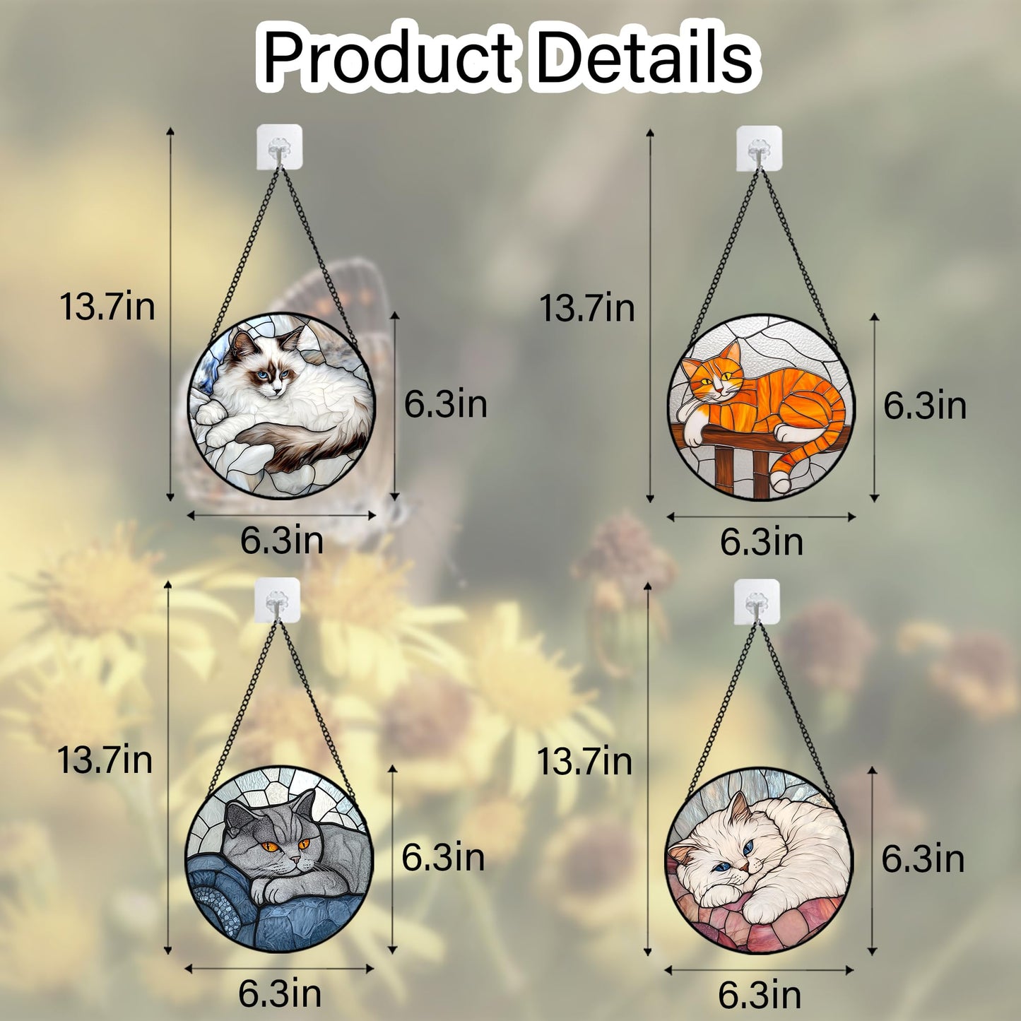 AMDERVEN Stained Glass Window Hanging 4 Pcs Set Cute Cat 6.3" - Suncatcher Door Garden Sun Catcher Decor Birthday Mother's Day Christmas Comfort Gifts for Lost Pet Woman Nana Mom Men Friend