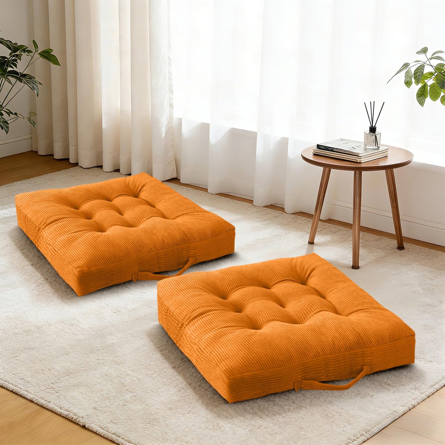 Cyditan 2 Pack Tufted Velvet Floor Pillows Orange Portable Seat Cushions with Handle, Floor Cushion Pillow Seats for Stadium Patio Dining Chairs 18x18 Inch