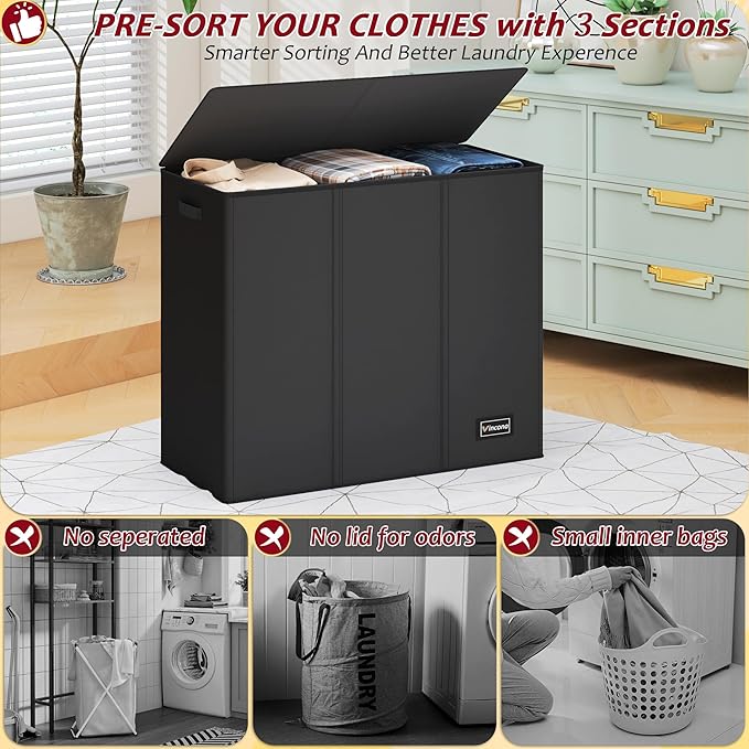 195L Laundry Hamper 3 Section,Large Laundry Hamper with Lid,Dirty Clothes Hamper with 3 Inner Bags,Collapsible Laundry Basket Organizer for Laundry Room,Bedroom,Laundry Sorter Hamper 3 Compartment