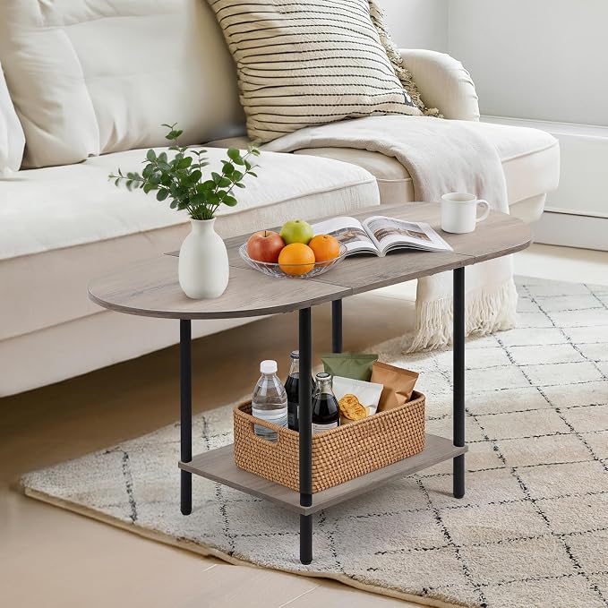 Small Coffee Table,35.4'' Oval Coffee Table with Storage Shelf & Metal Frame,Low Cocktail Tea Accent Table for Apartment,Modern Mid Century Small Living Room Table,Rustic Grey