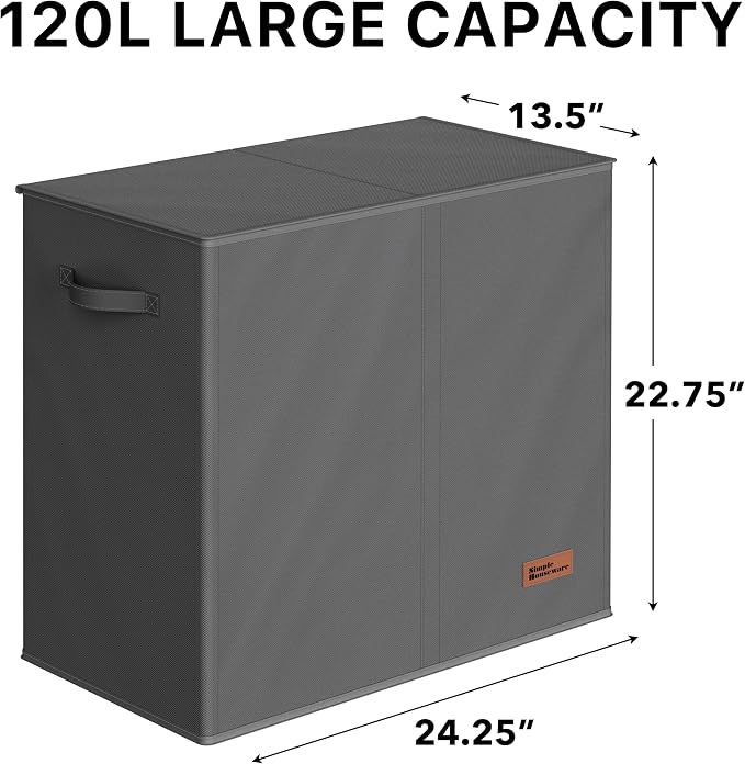 Simple Houseware Double Laundry Hamper with Lid and Removable Laundry Bags, Dark Grey