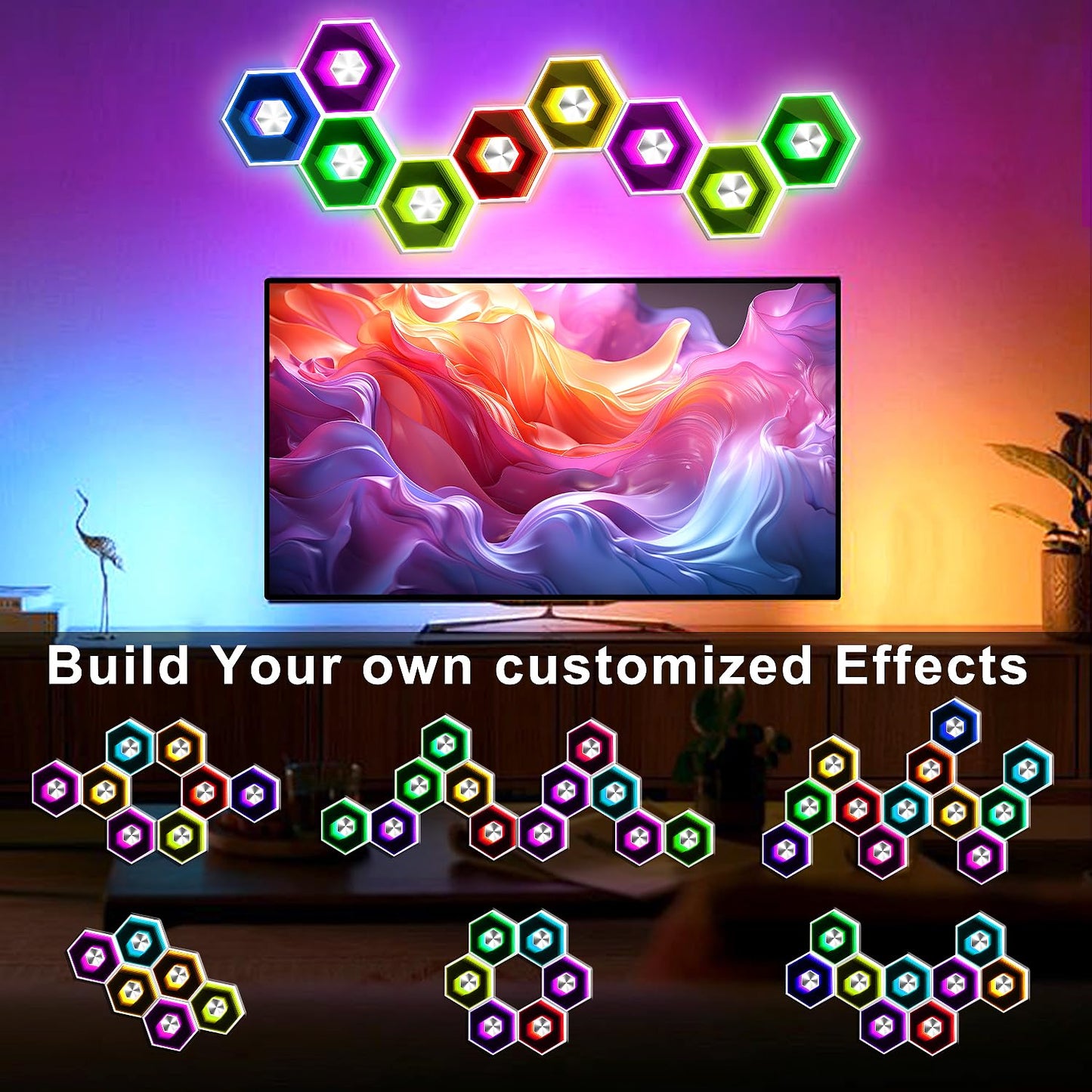 vimeepro Hexagon LED Lights - 8 Pack Smart APP RGB Gaming LED Light with Remote Control & Music Sync Honeycomb Shape Hexagon Wall Lights for Bedroom, Living Room Wall, Gaming Decor